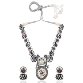 I Jewels Womens German Oxidised Indian Wedding Bollywood Jewellery Antique Long Necklace Set With Earrings (Mc095Ox) Silver