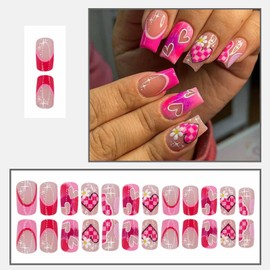 LBPEPAMZ 24Pcs Valentine's Day Press on Nails Medium Square Fake Nails with Pink Heart Designs White French Tips Acrylic False Nails Purple Gradient Flower Star Full Cover Stick on Nails for Women