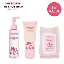 The Face Shop Rice Water Bright Ultimate Makeup Removal Trio - Light Cleansing Oil, Foaming Cleanser, Facial Wipes - Korean Skincare, Hydrating, Moisturizing