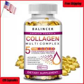 Balincer Multi Collagen Peptides Types I, II, III, V,X 120 Pills Anti-Aging Skin Capsules