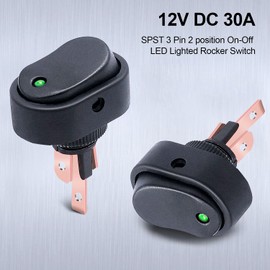 Twidec/5Pcs 12V 30A SPST 3 Pin On-Off Green Round Dot LED Light Push Button Rocker Toggle Switch For Car ASW-20D-G