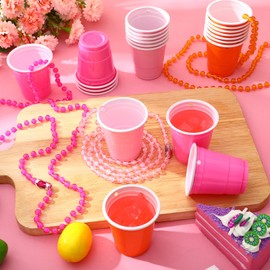 24 Pcs Pink and Orange Shot Glass on Beaded Necklace Party Accessories 2oz Disposable Mini Plastic Shot Cups with Necklace for Bachelorette Birthday Wedding Bridal Shower Festival Party