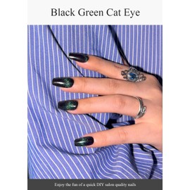 AutyaMee Semi Cured Gel Nail Strips (Black Green Cat Eye), 20 Pcs Gel Nail Wraps, Stickers, UV Light Required, Salon Quality, Long Lasting