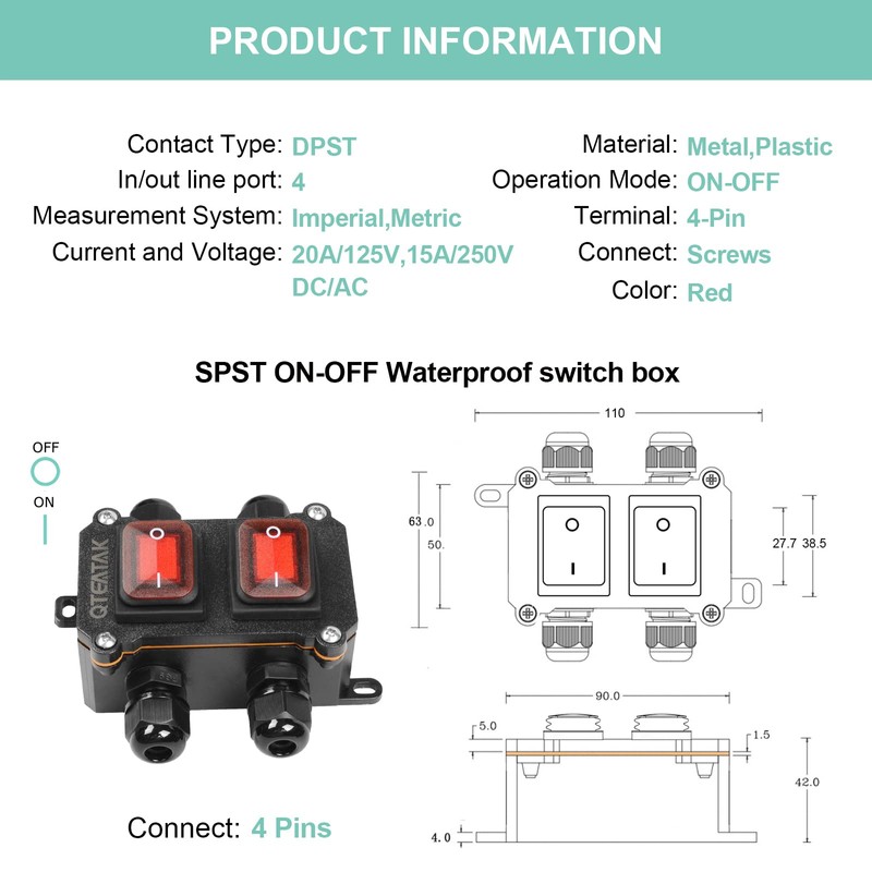 QTEATAK Inline Cord Switch DPST AC/DC 20A-125V,16A-250V,30A-24V,35A-12V, IP66 Waterproof On-Off