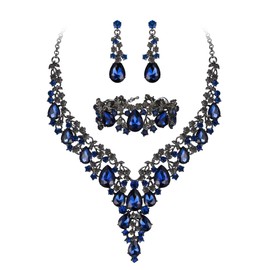 BriLove Bridal Jewellery Set for Wedding Women Crystal Teardrop Flower Cluster Statement Necklace Dangle Earrings Link Bracelet Jewelry for Party Prom Sapphire Color Black-Tone