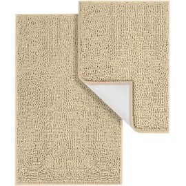 TREETONE Shaggy Bathroom Rugs Sets 2 Piece, Plush Bath Mat Set Soft Chenille Bathroom Mat with Non-Slip Backing, Absorbent Bath Rug Set, Washable Bath Rugs for Bathroom Mats 24”x16” + 32”x20”, Beige