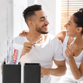 Black Square Toothbrush Holders for Bathrooms - 2 Cups Ceramic Square Toothbrush Toothpaste Holders Set, Bathroom Tumbler Cups Reusable Toothbrush Mouthwash Cup, Bathroom Counter Organizer.