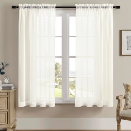 White Sheer Curtains 54 inch Length Living Room Short Voile Curtains/Drapes Light Filtering Solid Sheers Cafe Curtains Voile Bathroom Basic Small Window Curtain 2 Panels Set, Rod Pocket, 52" Wx54 L