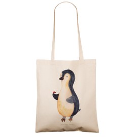 Mr. & Mrs. Panda Penguin Ladybird Tote Bag, Gift, Jute Bag, Happiness, Jute Bag, Miracle, Shopping Bag, Thoughtful, Penguins, Pouch Bag, White, Hand Drawn