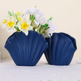 Navy Blue Vase,Shell Vases Set of 2,Blue Ceramic Vases for Coastal Home Decor,Coastal Vase,Beach Decor,Aesthetic Room Decor,Nordic Decor,Shelf Decor,Centerpiece Table Decor