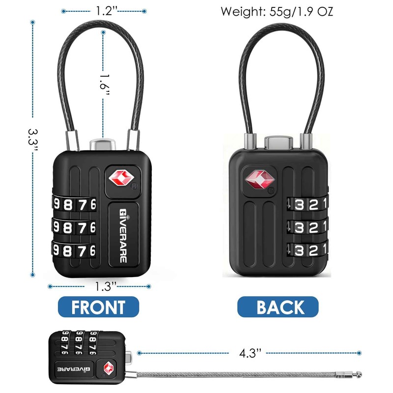 2 Pack TSA Approved Travel Luggage Locks, Metal Cable Combination