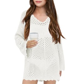 Girl Cover Up Crochet Swimwear V Neck Knit Long Sleeves Summer Beachwear Cover Tops White