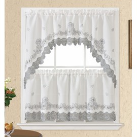 GOHD Lace Rosarium Kitchen Curtains, 3PCS Kitchen Curtains and Valances Set, Elegant White Fabric with Rose Embroidery and Lace. (Grey, Swag and 22 inches Tiers Set)
