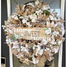Southern Charm! Home Sweet Home Magnolia & Cotton, Deco Mesh Front Door Wreath, Farmhouse Farm Style Decor, Porch Patio Decoration, Fall, Spring, Summer, Everyday Wedding Decor