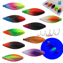 Njord Kalastus Inline Spoon Trout Complete Set with 5 x Hooks and 5 x Beads in Box 4 g UV Active Flow Indicator Trout Bait Inline Spoon Inline Flow Spoons (7 g, Set of 10)