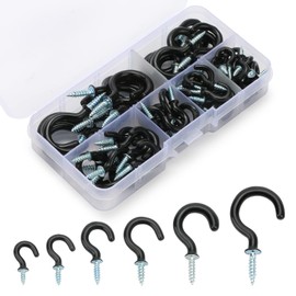 FINEASY Pack of 75 Screw Hooks, Black, 6 Sizes, Ceiling Hooks for Screws, Vinyl Coated Cup Hooks Set, Hook Screws (Black)