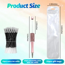 DASTTUIS 75 Pcs DIY Diamond Beadable Pen Kit - 25 Plastic Rhinestone Beaded Pens Bulk with Refills & Bags - Fancy Cute Glitter Pens for Crafting, Students & Teachers – School Supplies (Pink)