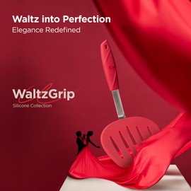 Kitchen Mama WALTZGRIP Platinum Silicone Pancake Spatula Turner: Heat-Resistant, Wide Slotted Tapered Head Stainless Steel Core. Durable, Dishwasher-Safe, Flipping Cooking Needs, Wok Use (Red)