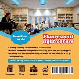 Fluorescent Light Cover (2 Pack; Tranquil Blue). Flame-Retardant Fabric, 10 Strong Rare Earth Magnets, Flame Retardant Certification, Reducing Glare Harsh Flicker, Used in Classroom, Home, Office