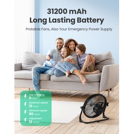 14" Portable Battery Operated Solar Fan, Rechargeable Floor Fan, Hi-Velocity Cordless Camping Fan, USB Phone Charge, 12-60H Runtime, Quiet, Wireless, For Travel Shed Outdoor Home Garage Tent Car Barn