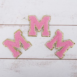 3 Pack Chenille Iron On Glitter Varsity Letter "M" Patches - Pink Chenille Fabric With Gold Glitter Trim - Sew or Iron on - 5.5 cm Tall
