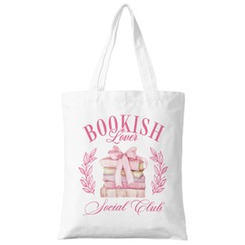 ZYQFN Bookish Lover Social Club Tote Bag - Coquette Pink Bow Aesthetic Canvas Bag - Cute Literary Gift for Women & Girls - Reusable Library Tote for Readers. (139)