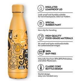 KollyKolla Stainless Steel Drinking Bottle, 500 ml, 3D Print Drinking Bottle, Sports Bottle, Suitable for Carbonated Drinks, Leak-Proof Thermos Flask, BPA-Free, Drinking Bottles for Children, School,