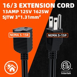 HuiFengros 3 Foot Extension Cord, Black Extension Cord Waterproof, 16 Gauge 13Amps 125V, SJTW, ETL Listed, Indoor/Outdoor Use, 2 Pack