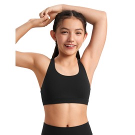 CRZ YOGA Girls Butterluxe Training Bra - Strappy Scoop Neck for Teens Kids Yoga Sports Comfort Dance Crop Top Black Medium