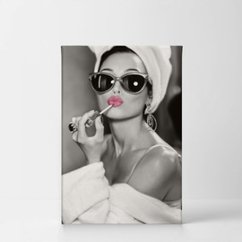 Audrey Hepburn Wall Art Pink Lips Makeup CANVAS PRINT Iconic Pop Art Pretty Beauty Black and White Living Room Bedroom Wall Decor Home Decor Artwork Ready to Hang Made in USA - 17x11