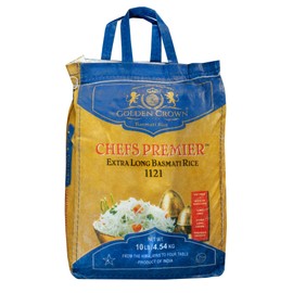 Golden Crown Chefs Premier Basmati Rice - 160 oz (10LB), Naturally Aged Extra Long Aromatic Sella Rice for Biryani, Palao & Pilaf, Tasty and Delicious Flavorful, Fat + Gluten Free Whole Grains, Non-GMO