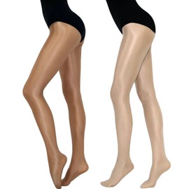 HTRUIYA Shiny Pantyhose For Women Sheer Pantyhose Footed High Waist Shimmer Stocking For Dance Tights 70D 2 Pair(Nude+Brown)