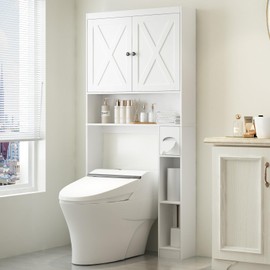 Over The Toilet Storage Cabinet, Farmhouse Storage Cabinet Bathroom Organizers and Storage with Barn Door Home Space-Saving Toilet Rack with Anti-Tip Device & Adjustable Shelf for Bathroom Laundry