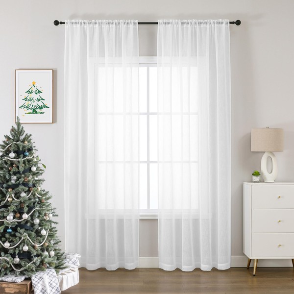 Bujasso White Linen Textured Semi Curtains 90 Inches Long Rod