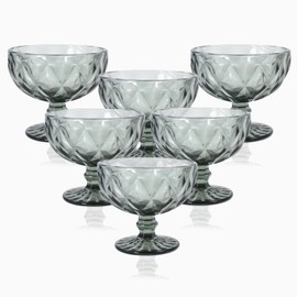 CHLJAR Vintage Glass Ice Cream Bowls Set of 6, 12 Oz Diamond Gray Small Dessert Bowls for Coconut Peach Ice Cream Fruit Pudding Trifle Parfait(12 Oz, Rhombic)