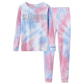 Beezizac Sleepover Pajama Set for Girls Tie Dye Cotton Snug-fit Long Sleeve PJ Size 4T-14