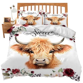 Highland Cow Comforter Set Full Size, Cow Print Comforter Cover for Kids Girls Teens Decor Cow Gifts for Women, Highland Cattle Bedding Set Duvet Quilt Cover Set with 2 Pillowcases