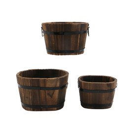 MY MIRONEY 3PCS Wooden Planter Barrel Set Vintage Style Wood Bucket Rustic Garden Flower Plant Pots Container with Metal Handles, Oval, Small, Medium & Large