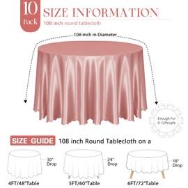 KKJIAF 10 Pack Rose Gold Satin Round Tablecloth 108 Inch, Silky Satin Round Table Cover, Overlay Dining Table Cloths for Wedding Buffet Parties Banquet Decoration