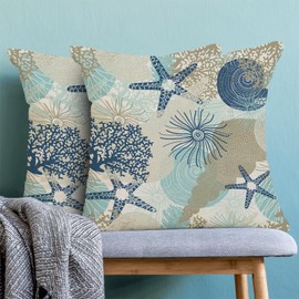 CXMEIFLY Coastal Pillow Covers 16x16 Inch Set of 2 Starfish Ocean Themed Beach Decor Throw Pillows Turquoise Navy Blue Beachy Nautical Summer Outdoor Decorative Cushion Cases for Couch Decorations
