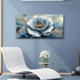 GYJAGHL Modern Blue Floral Canvas Wall Art, Gold Accented Peony Print, Floral Canvas Pictures Abstract Botanical Modern Gold Blue Print Boho Wall Art Canvas Paintings Artwork for Bedroom Living Room Wall, Large Contemporary Home painting Decor 20" x 40"
