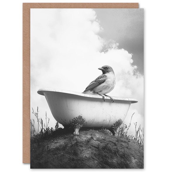 Artery8 Greeting Card Sparrow on Elegant Bathtub Black White Surreal
