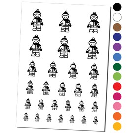 Stick Figure Winter Boy Temporary Tattoo Water Resistant Fake Body Art Set Collection - Black (One Sheet)