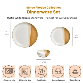 Sango Phoebe 12-Piece Multicolor Stoneware Dinnerware Set – Service for 4, Plate & Bowl Set, Caramel Stoneware with a Rustic White Glaze, for Daily Dining & Entertainment, Microwave & Dishwasher Safe