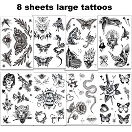 Tazimi 8 Sheets Large Black Tattoos for Women Girls Butterfly Snake Bee Swallow Flow