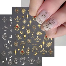 12 Sheets Gold Nail Stickers Sun Moon Stars Heart Nail Art Stickers Hexagram Nail Decals Gold Silver Nail Stickers 3D Self-Adhesive Stickers for Nails Designs Manicure Decorations for Women Girls