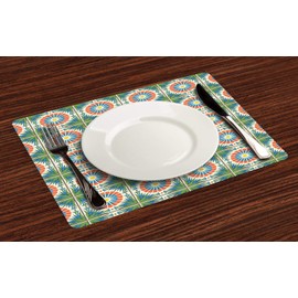 Ambesonne Abstract Place Mats Set of 4, Traditional Mosaic Tiles Inspired Style Round Flowers Illustration Print, Washable Fabric Placemats for Dining Table, Standard Size, Cream Peacock Green