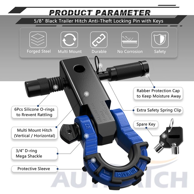 AUTMATCH Shackle Hitch Receiver 2" with 3/4" Mega D Ring