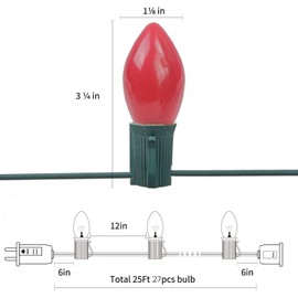 Goothy 25Ft C7 Christmas Outdoor String Lights with 27 Red Ceramic Bulbs (2 Spare), Vintage C7 Red Christmas Lights UL Listed for Christmas Tree Outdoor Room Patio Backyard Decor, C7/E12 Base - Red