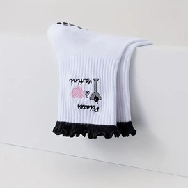 Puedizux Women Cute Pilates Socks Grip Crew Yoga Socks Ruffle Cuff Embroidery Pattern Workout Ballet Socks